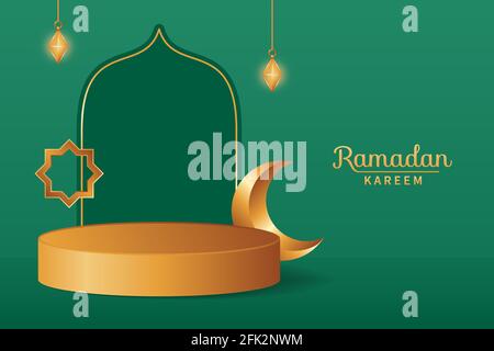 Affiche islamique 3d podium décoration dans fond vert avec croissant de lune doré. Présentation du produit adaptée au Ramadan, Eid al Adha, Eid al Fit Illustration de Vecteur