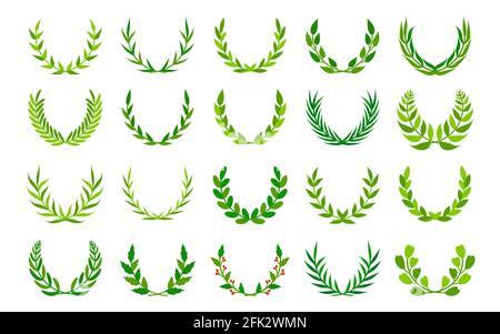 Ensemble de couronnes vertes et millésimes. Cadres de décoration fleuris ronds dessinés à la main pour votre conception. Idéal pour les cartes de vœux, les affiches, les logos et les applications de jeux. Prix de la branche Laurel ou olive. Illustration vectorielle Illustration de Vecteur