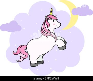 Joli dessin animé Unicorn sur nuage et arc-en-ciel pour T-shirt imprimé ou autocollant, fond d'écran et dessin à la main Illustration pour enfants Illustration de Vecteur