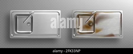 Évier de cuisine en acier inoxydable avec robinets dans la vue de dessus. Nettoyer et encrasser les éviers en métal rouillé à l'aide d'un mélangeur de bassin et d'un égouttoir à ustensiles. Ensemble vectoriel réaliste de cuvettes de lavage en acier isolées sur fond transparent Illustration de Vecteur