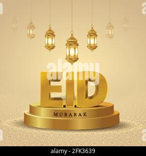 EID Mubarak et Ramadan Kareem salutations. lanterne dorée suspendue fond doré .vecteur illustration design Illustration de Vecteur