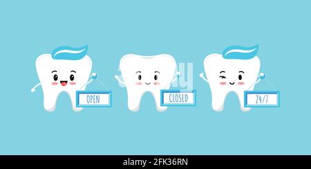 Les dents mignonnes maintiennent une plaque avec 24 7 caractères ouverts et fermés, isolés sur fond bleu. . Illustration de Vecteur