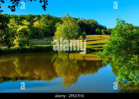 Poznan, Pologne - 5 juin 2015 : vue panoramique sur le lac et le paysage forestier du nouveau ZOO jardin zoologique dans le district de Malte Banque D'Images