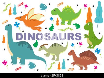 Personnages de craon des dinosaures mignons Illustration comme Spinosaurus, Parasaurolophus, Stegosaurus, Tyrannosaurus, Pterodactyl, Et Diplodocus. Papier peint bac Illustration de Vecteur