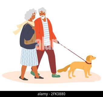 Couple âgé marchant avec un chien, illustration vectorielle plate. Personnes âgées vie active, activités de loisirs en plein air. Illustration de Vecteur