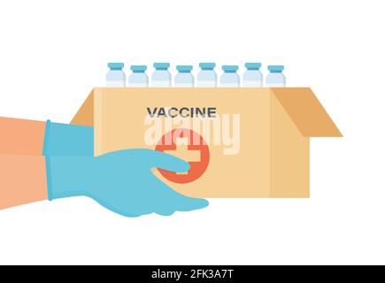 Les mains gantées tiennent une boîte de vaccin contre le coronavirus. Livraison du vaccin à l'hôpital. Campagne anti-virus. Illustration vectorielle isolée sur plat Illustration de Vecteur