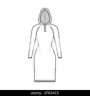 Robe à capuche chandail technique de mode avec col boutonné côtelé, manches longues raglan, coupe près du genou, bordure côtelée en tricot. Pull sans pinces à l'avant, style blanc. Maquette CAD pour femmes et hommes Illustration de Vecteur