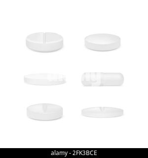 Jeu de pilules blanches réalistes. 3d rendent les médicaments ou les vitamines. Illustration vectorielle Illustration de Vecteur