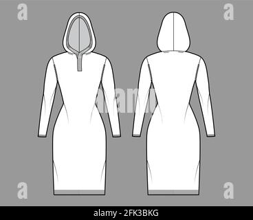 Robe à capuche chandail technique de mode avec col boutonné côtelé, manches longues, coupe cintrée, longueur genou, bordure côtelée en tricot. Pull sans pinces à l'avant, à l'arrière et de couleur blanche. Maquette CAD pour femmes et hommes Illustration de Vecteur