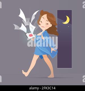 Jeune femme en bleu Cartoon nightwear choqués par le contrôle des emplois au coffre, Vector Illustration, concept avec des emplois en ligne et communiquer Illustration de Vecteur