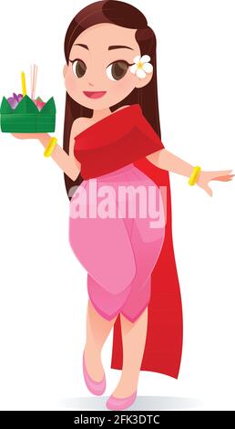 Cartoon Femme Avec Loy Krathong Festival, la Culture en Thaïlande, Vector Illustration Illustration de Vecteur