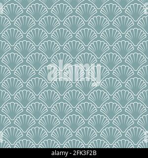 Motif sans couture avec coque sur fond bleu poudré. Décoration coquillage. Concept de spa de luxe et de beauté. Palourdes aux fruits de mer, papier peint aux huîtres. Illustration de Vecteur
