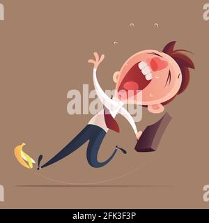 Homme d'affaires tient le sac glisser sur une peau de banane, illustration du concept d'affaires. Illustration de Vecteur