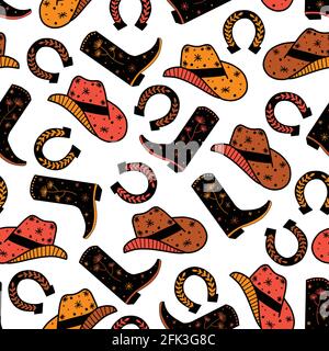 Motif vectoriel sans couture de Cowboy Horse Ranch. Bottes de cowboy, chapeau, fond de fer à cheval répétitif. Motif de surface Wild West pour tissu et papier peint Illustration de Vecteur
