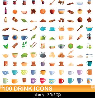 100 icônes de boissons définies. Illustration de dessin animé de 100 icônes de boisson vecteur isolé sur fond blanc Illustration de Vecteur