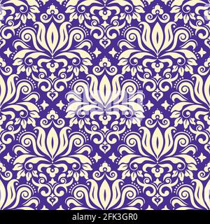 Papier peint classique damassé ou imprimé en tissu imprimé vectoriel sans couture, motif textile rétro avec motif fleuri sur fond violet Illustration de Vecteur