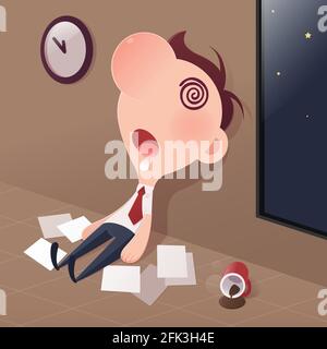 Cartoon businessman fatigué dormir dans le bureau, le manque de sommeil et les heures supplémentaires et l'illustration vectorielle, concept. Illustration de Vecteur