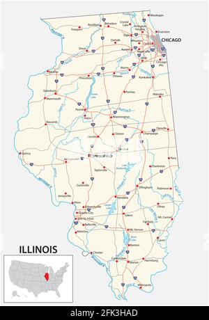 Carte routière de l'État américain de l'illinois Illustration de Vecteur