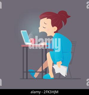 Femme somnolente épuisée travaillant à la maison avec son ordinateur portable, vecteur et illustration, privation de sommeil et le concept de travail des heures supplémentaires Illustration de Vecteur