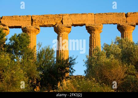 Agrigento, Sicile, Italie. Colonnes cannelées du Temple de Hera illuminées par le soleil couchant, Vallée des temples. Banque D'Images