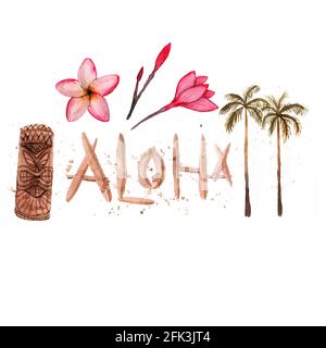 Simbols hawaïens - Luau, Aloha, Tiki, palmier, Plumeria Aquarelle illustration isolée sur blanc Banque D'Images