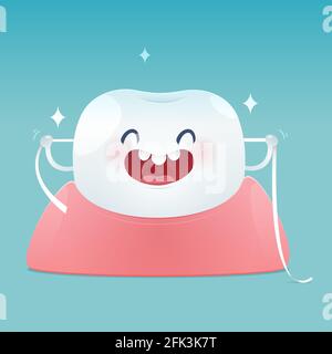 Caricature les dents avec du fil dentaire pour les soins de santé - se brosser les dents, soie dentaire soie dentaire - Illustration et conception de scénario Illustration de Vecteur