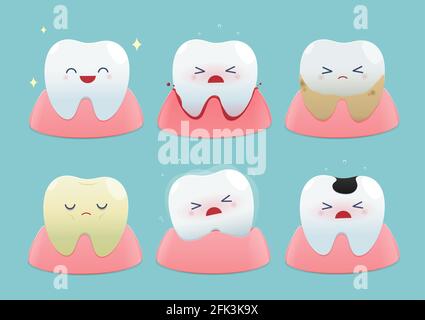 Ensemble d'adorables petits dents sur fond bleu - Total de la santé et problèmes dentaires - Illustration et conception de scénario Illustration de Vecteur