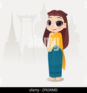 Illustration femmes thaïlandaises en tenue traditionnelle thaï traditionnel, costume de l'Asie du Sud-Est, Vector cartoon Illustration de Vecteur