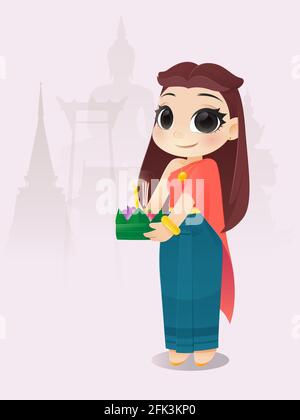 Cartoon Femme Avec Loy Krathong Festival, Culture in Thailand, Thaïlande Illustration pleine lune festival traditionnel Illustration de Vecteur