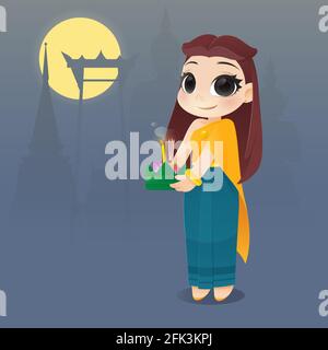 Cartoon Femme Avec Loy Krathong Festival, Culture in Thailand, Thaïlande Illustration pleine lune festival traditionnel Illustration de Vecteur