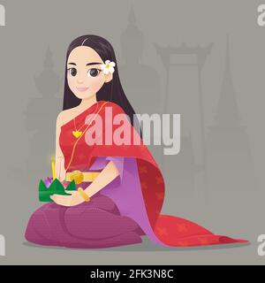 Cartoon Femme Avec Loy Krathong Festival, la Culture en Thaïlande, Vector Illustration Illustration de Vecteur