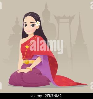 Illustration femmes thaïlandaises en tenue traditionnelle thaï traditionnel, costume de l'Asie du Sud-Est, Vector cartoon Illustration de Vecteur