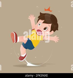 La chemise jaune cartoon boy sentir choc car de glisser dans une flaque sur le sol. Illustration de l'enfant ont l'accident glissant sur sol humide. Conc Illustration de Vecteur