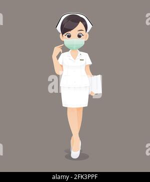 L'infirmière porte un masque de protection, une femme de dessin animé médecin ou infirmière en uniforme blanc tenant une planchette à pince, illustration vectorielle en dessin de personnage Illustration de Vecteur