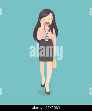 La femme en robe de travail est bâilling pendant qu'elle va au bureau, illustration vectorielle dans la conception de caractère Illustration de Vecteur