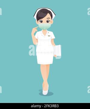 L'infirmière porte un masque de protection, une femme de dessin animé médecin ou infirmière en uniforme blanc tenant une planchette à pince, illustration vectorielle en dessin de personnage Illustration de Vecteur