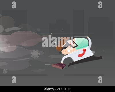 Homme d'affaires de dessin animé portant un masque de santé s'éloignant des particules de poussière de PM2,5 et Covid 19. Les hommes qui évitent les lieux de la communauté. Vecteur plat c Illustration de Vecteur