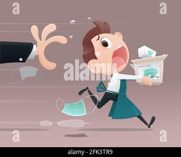 Les fonctionnaires du ministère veulent voler le masque de la santé des gens. La caricature des marchands s’éloigne des responsables gouvernementaux. Masque facial en rupture de stock, plat chara Illustration de Vecteur