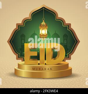 EID Mubarak et Ramadan Kareem salutations. lanterne dorée suspendue fond vert .vecteur illustration design Illustration de Vecteur