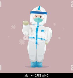 Caricature médecin portant un équipement de protection individuelle (EPI) et des gants médicaux, un écran facial et un masque de santé pour la protection contre le coronavirus ou le COVID-19. FL Illustration de Vecteur