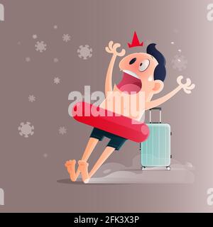Caricature homme est choquant en voyage à cause de coronavirus ou COVID-19. Mauvais jour de voyage. Motif d'illustration à caractères plats. Illustration de Vecteur
