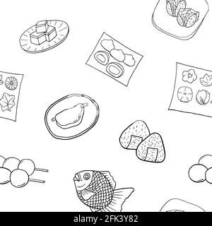 Cuisine japonaise à motif transparent et sans couture. Design sketch élément pour le menu café, bistrot, restaurant, boulangerie, emballage et autres choses. Vecteur Illustration de Vecteur