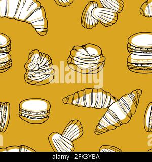 Cuisine française à motifs sans couture. Design sketch élément pour le menu café, bistrot, restaurant, boulangerie, emballage et autres choses. Illustration vectorielle. Illustration de Vecteur