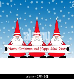 Une illustration de trois gnome santas dans une rangée tenant une bannière avec le message Joyeux Noël et Bonne Année. Banque D'Images
