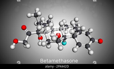 Betamethasone, molécule. Il s'agit d'un corticostéroïde synthétique, glucocorticoïde aux activités métaboliques, immunosuppressives et anti-inflammatoires. Moléculaire Banque D'Images