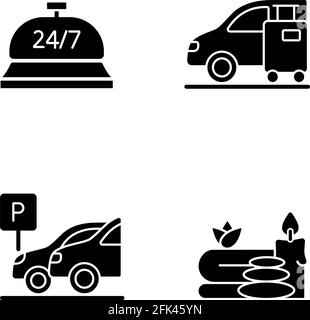 Les icônes de glyphe noires des services de l'hôtel sont placées sur un espace blanc Illustration de Vecteur