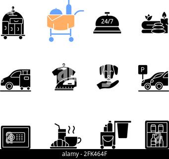 Les icônes de glyphe noires des services de l'hôtel sont placées sur un espace blanc Illustration de Vecteur
