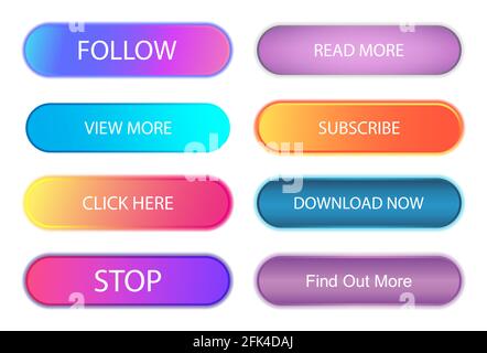 Ensemble de conception de boutons UI, UX et WEB. Boutons tendance dégradés avec ombre. Suivez, abonnez-vous, téléchargez maintenant, lisez plus, cliquez ici et d'autres boutons de l'interface utilisateur Illustration de Vecteur