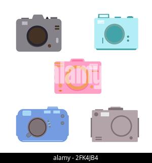 Appareil photo coloré ensemble simple de style plat vecteur accessoire d'illustration tendance pour voyage, voyage, clipart pour cartes de voeux, invitations, design de vacances d'été Illustration de Vecteur