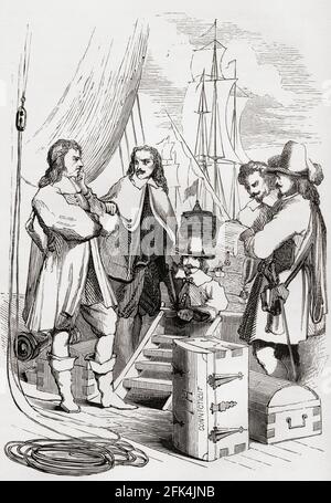 Hampden, Cromwell et d'autres puritains arrêtés par proclamation royale lorsqu'ils tentent d'émigrer vers les colonies en 1634. John Hampden, 1595 – 1643. Propriétaire foncier et politicien anglais. Oliver Cromwell, 1599 – 1658. Anglais général et homme d'État. The History of Progress in Great Britain, publié en 1866. Banque D'Images